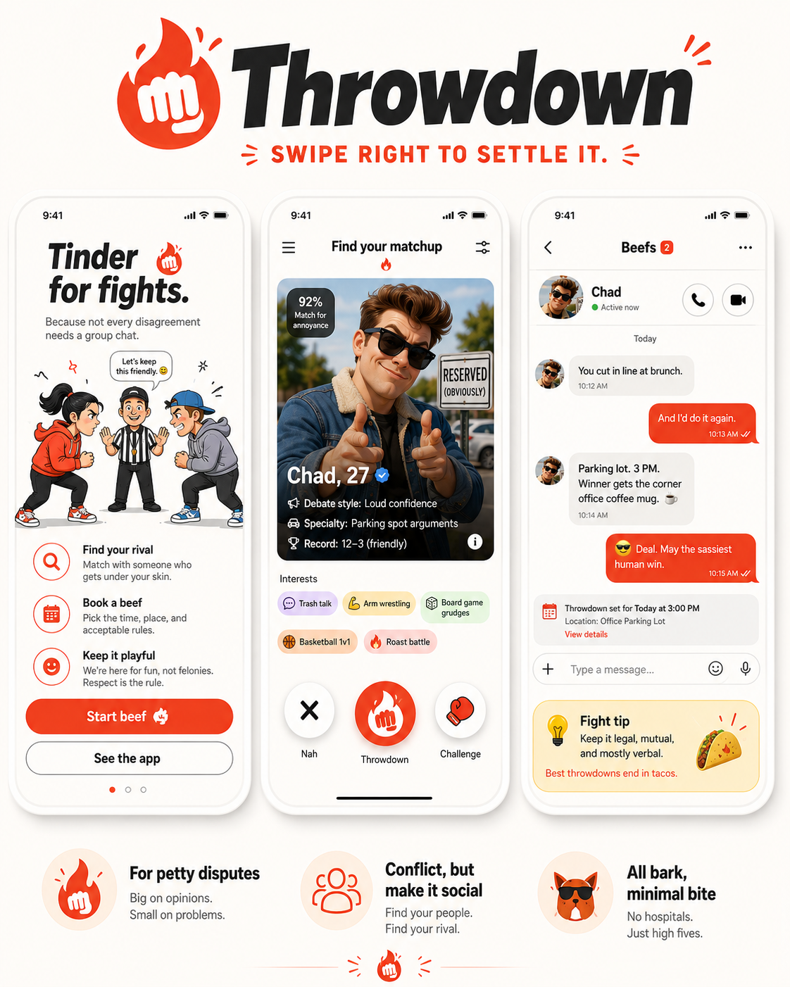 Throwdown concept poster with three app screens
